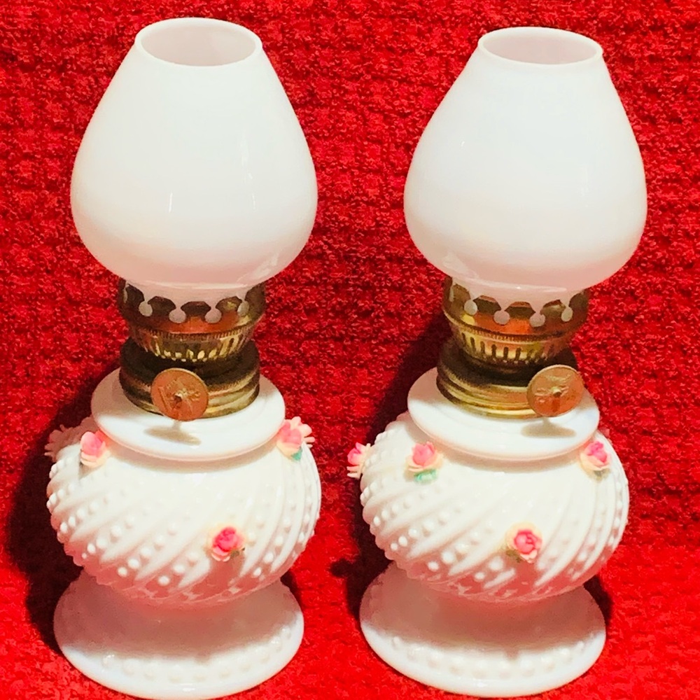 Elegant MilkGlass, Kerosene Lamp Set. Vintage. Hobnail design